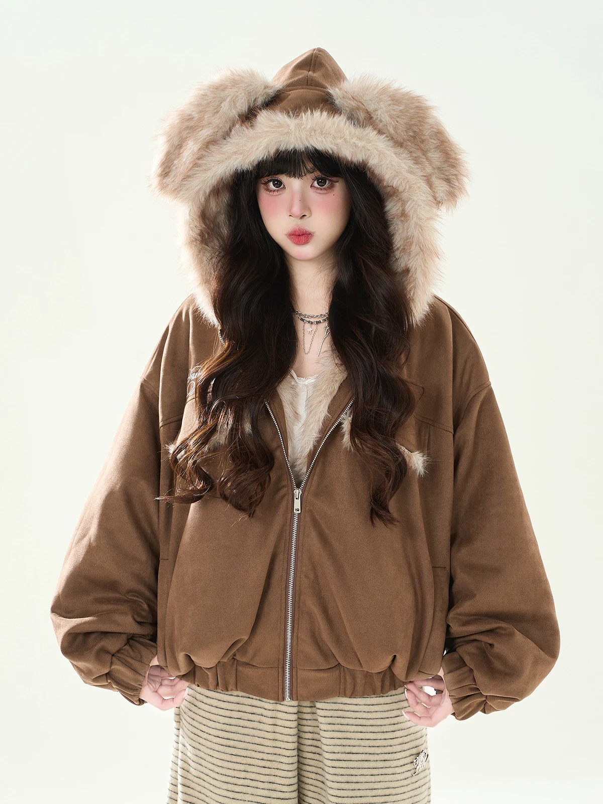 

Женская теплая хлопковая куртка ENJOG с капюшоном и ушками кролика, новый дизайн, свободный крой, зимняя мода