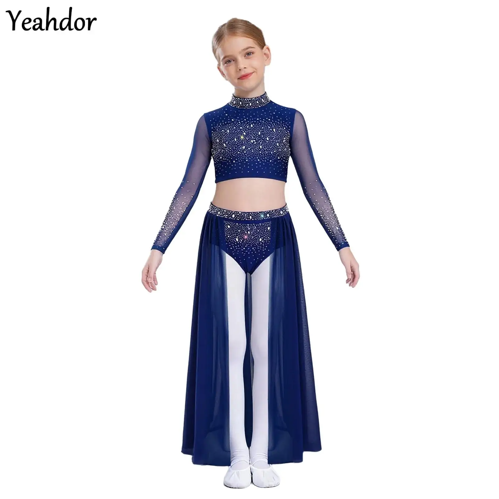 

Kids Girls Lyrical Dance Set Long Sleeve Rhinestone Crop Top with Sheer Mesh Skirt Contemporary Skating Ballet Jazz Dance Outfit