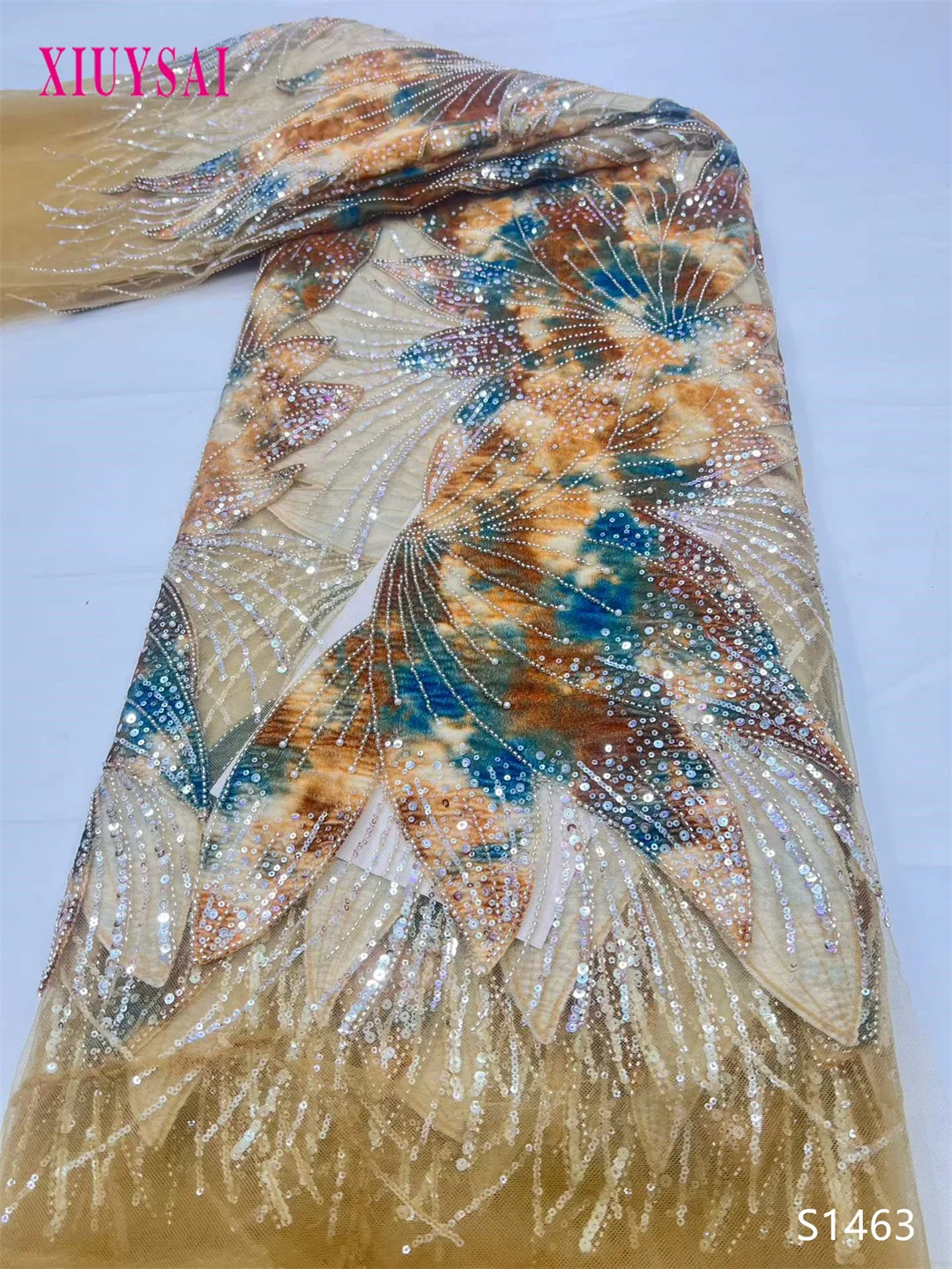 

2026 Gold Beaded Mesh Lace Fabric 5Yards Luxury Nigerian African Tulle French Tulle Net Lace for Women's Dresses