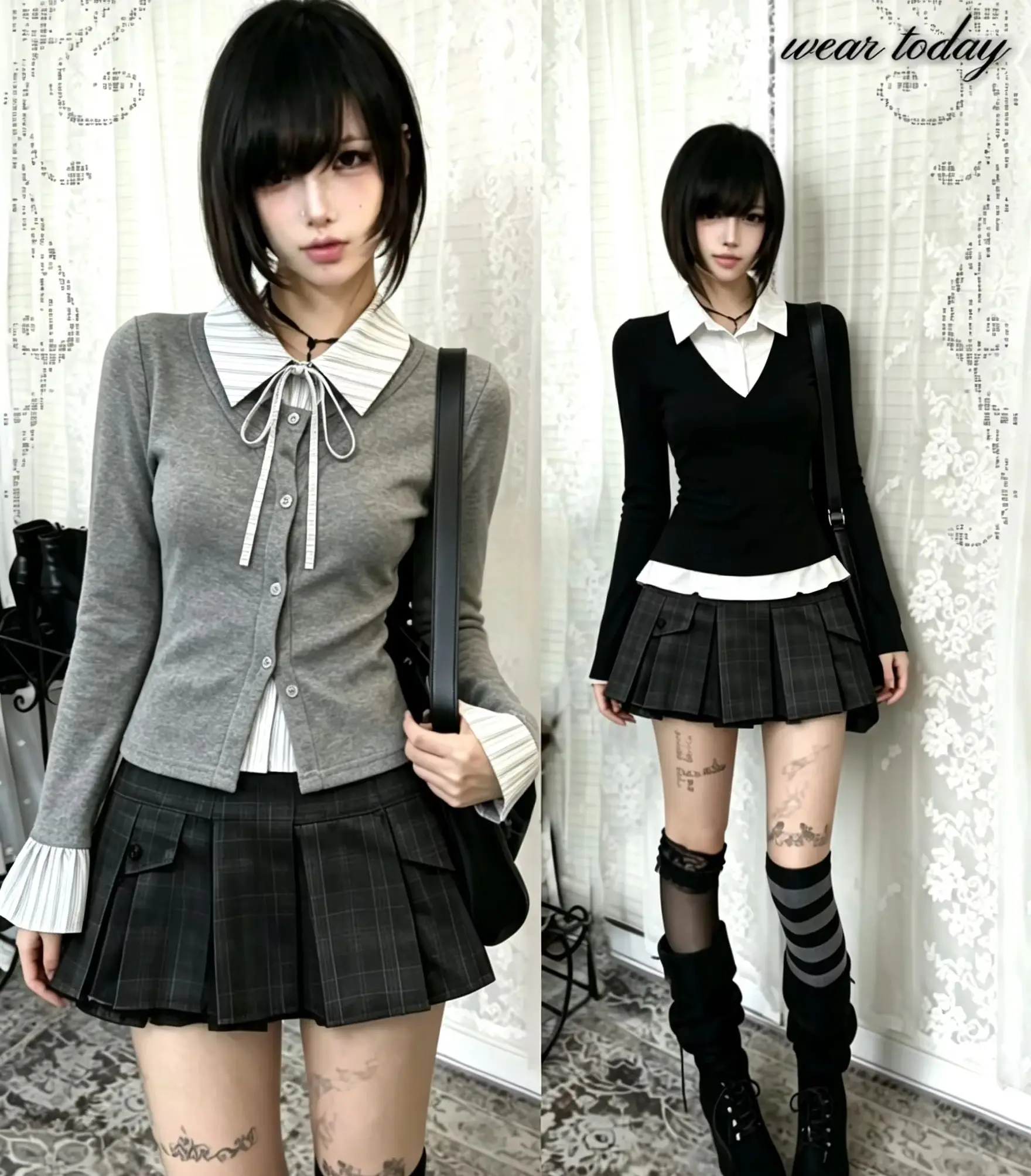 Harajuku Y2K Preppy Sweet Two‑Piece Skirt Set Hot Girl Casual Slim Fake Two Tops Plaid Pleated Mini Skirt Trendy Fashion Suit