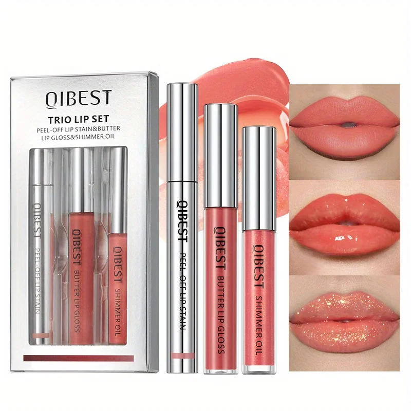 3-Pack non-stick cup matte pattern embroidery peel-off tear-off lip gloss lip line easy-to-color mirror pearlescent lip oil set