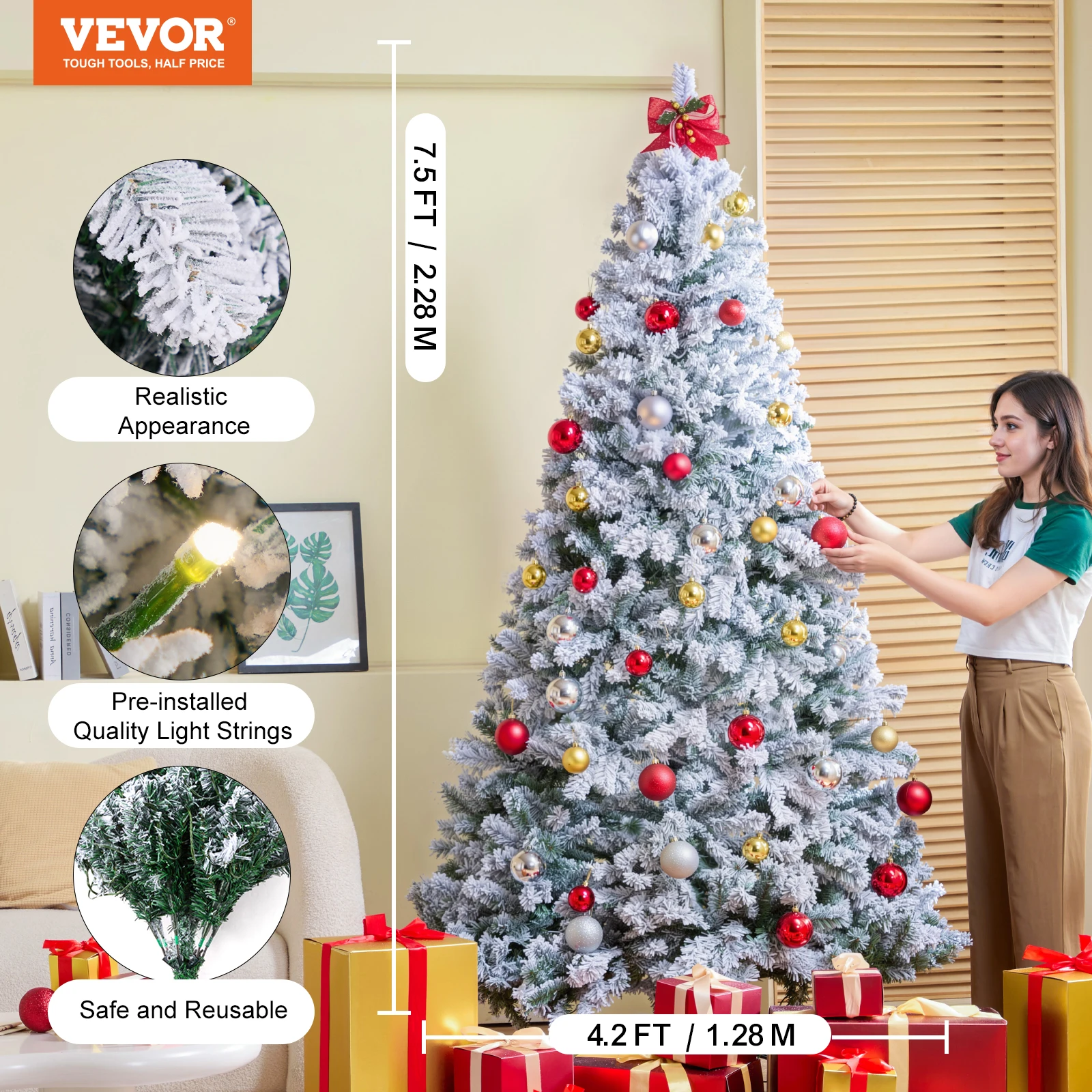 VEVOR Christmas Tree 7.5ft Prelit Flocked Artificial Tree Full Holiday Xmas Tree Metal Base for Home Party Office Decoration