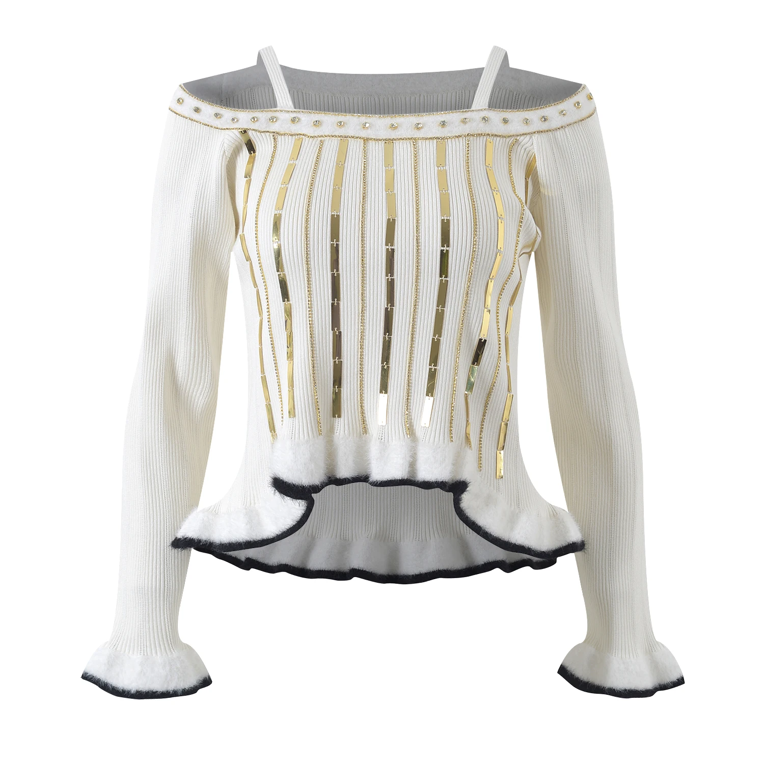 

Ele oulder-baring Long Sve Knitted Sweater Glittering Sequins Base Layer Top Bla High-end Version Design Sense