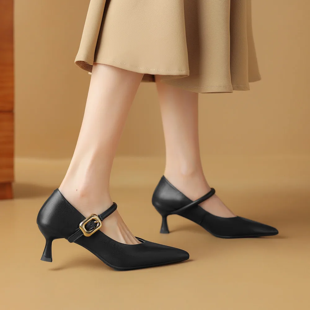 FEDONAS Elegant Women Pumps Thin High Heels Pointed Toe Office Lady Buckle Strap Shoes Woman Genuine Leather Pumps Spring Summer