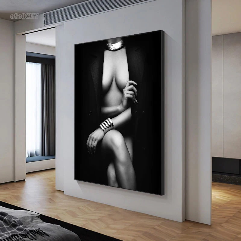 

Modern Fashion Sexy Woman Body Art Canvas Painting Black and White Character Posters Print Canvas Wall Art for Living Room Decor