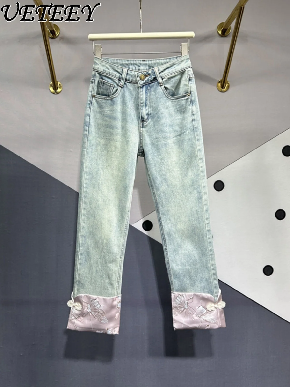 

Retro Buckle Silk Stitching Cropped Jeans Women National Style 2024 Spring New Slimming Straight Cigarette Pants Denim Trousers