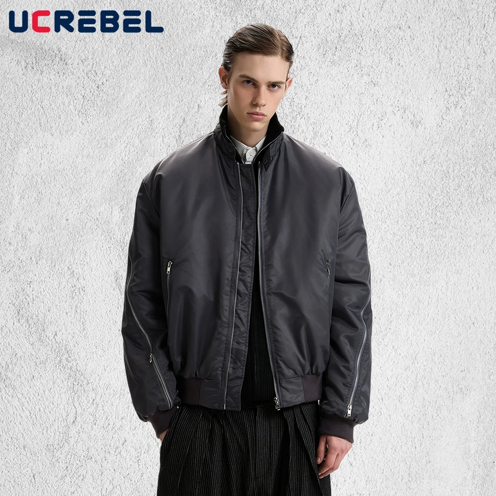 

Zipper Decoration Ma-1 Bomber Jacket Mens Solid Color Winter Thick Retro Streetwear Stand Collar Long Sleeve Quilted Jacket Man