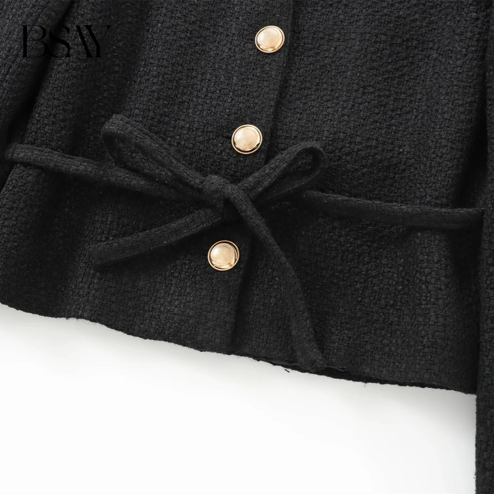 BSAY 여성 패션 가을 신상 벨트 캐주얼 재킷 라운드 넥 긴팔 싱글 브레스티드 숏 코트 시크 여성 상의