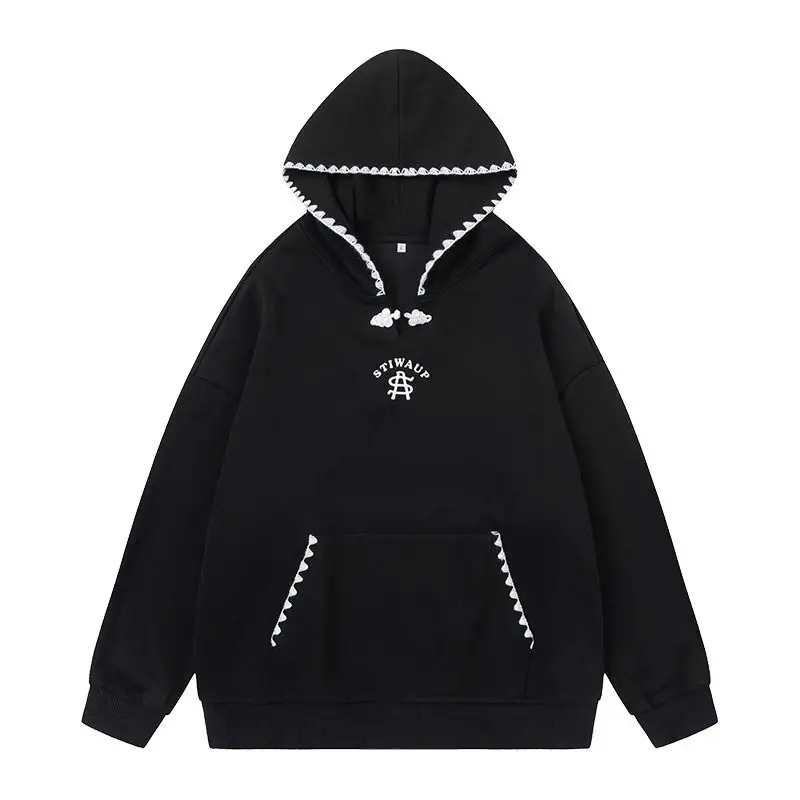 New design sense of Chinese plate buckle hooded sweatshirt autumn  pounds fat mm loose design sense of lace hoodie y2k ins emo