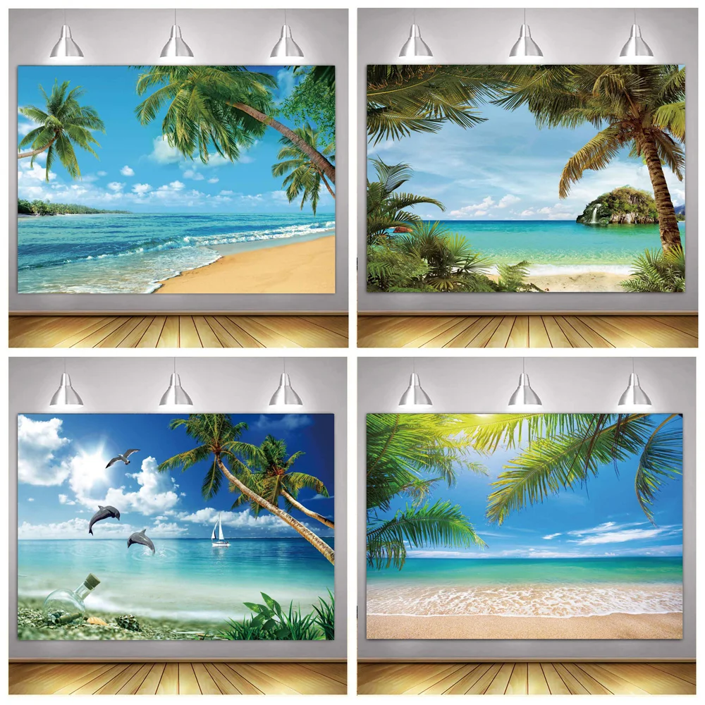 Tropical Ocean Beach Backdrop Summer Seaside Palm Tree Baby Birthday Travel Holiday Party Photography Background Photo Studio