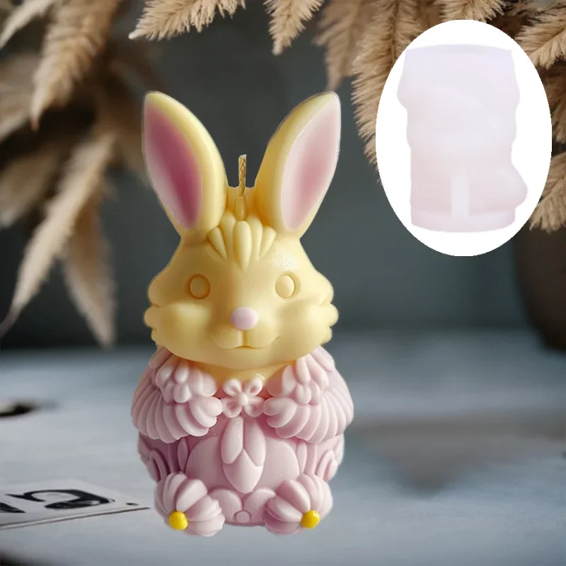 Moule 3D en Silicone pour Bougie de Lapin Mignon, Oreilles Verticales, Fleur, Lapins, Résine, Rayé, Lapin de Pâques, Béton, Plâtre