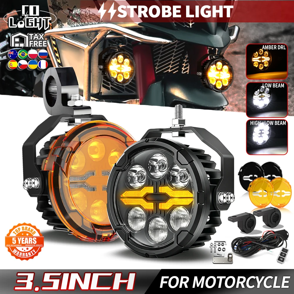 CO LIGHT Offroad-Nutzung 6 LEDs IP67 Wasserdicht Neue 3,5-Zoll-Motorrad-Zusatz-LED-Fahrlichter Bernsteinfarbener Halo DRL Stroboskop-Lampe mit Verkabelung