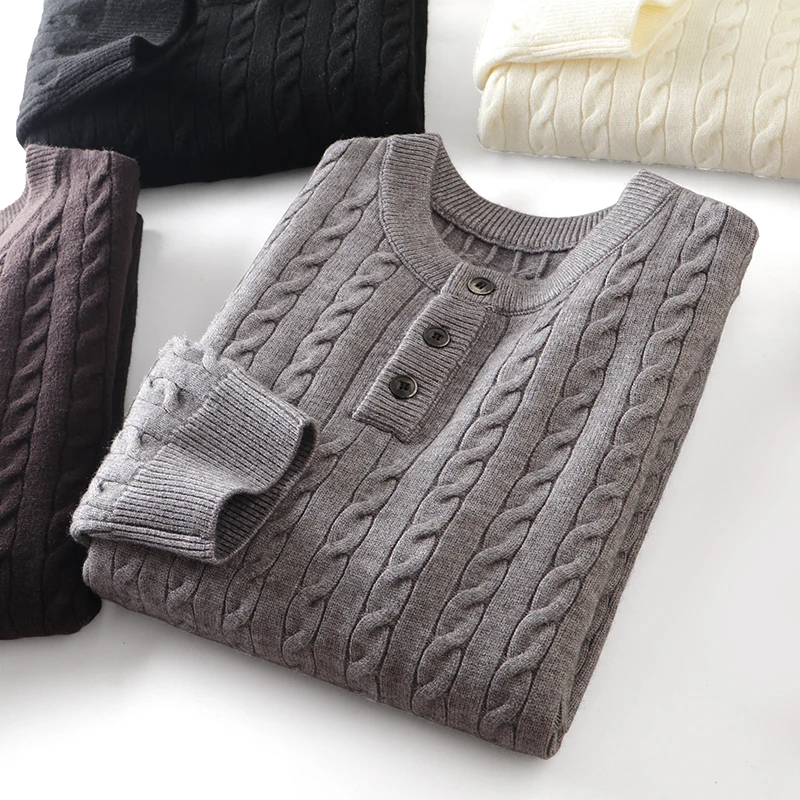 

Утепленный вязаный свитер с воротником Хенри, зимний мужской однотонный универсальный теплый трикотаж, модный городской стиль, длинный рукав