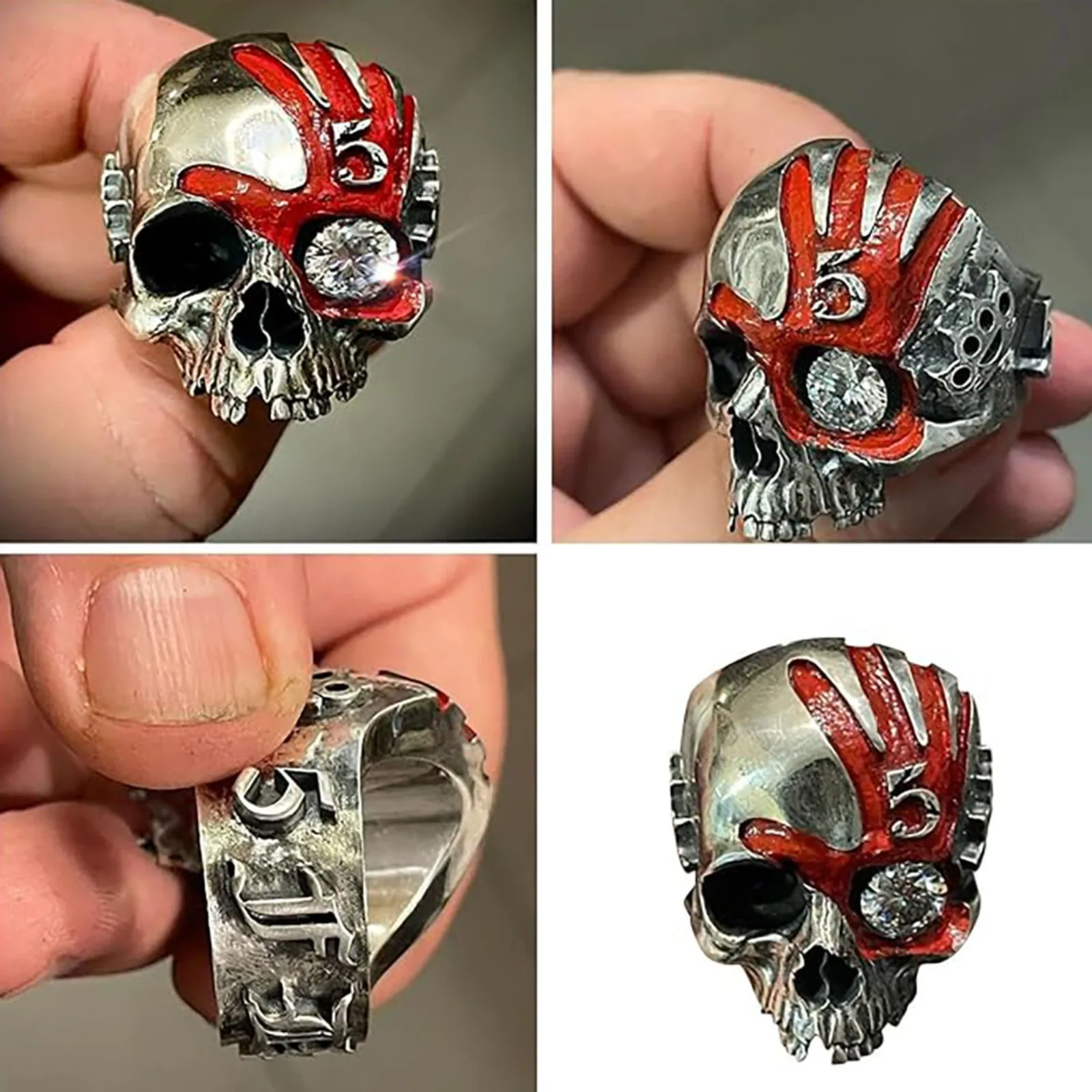 Fünf-Finger-Totenkopf-Ring, Vintage Chunky Deathring Silber Schwarz Retro Gothic Schmuck Zierlicher Goth-Ring für Männer – Detail 4