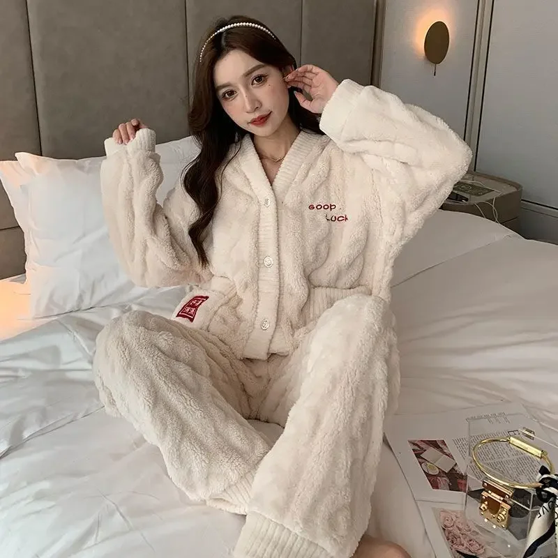 Red Coral Fleece Pajamas Women Fall Winter  Add Fleece To Thicken Cardigan Jubilant Loungewear Can Be Worn Outside sleepwear