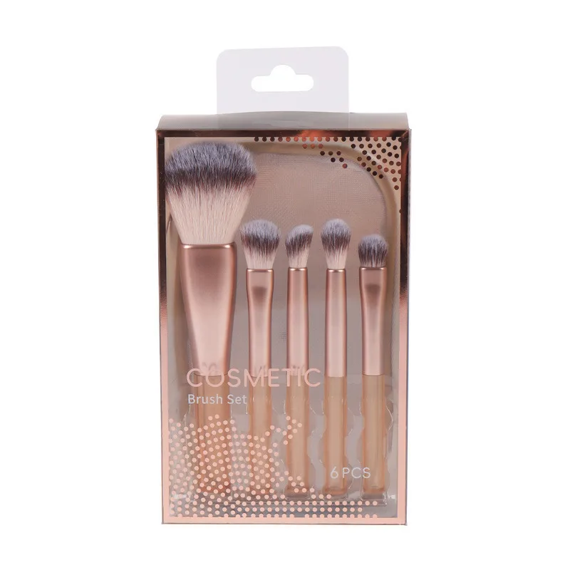 مجموعة جديدة محمولة مكونة من 5 فرش مكياج صغيرة ذات شعيرات ناعمة ذات مقبض قصير من كانغتشو، مقترنة بحقيبة شبكية