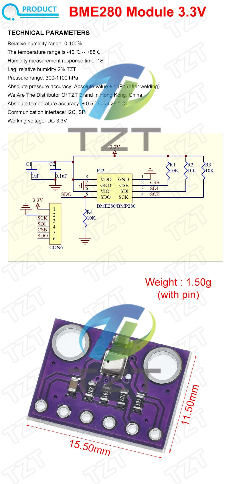 TZT BME280 3,3V 5V Digitale Sensoren Temperatur-Feuchtigkeits-Barometerdruck-Sensormodul I2C SPI 1,8-5V BME280 Sensormodul – Detail 1