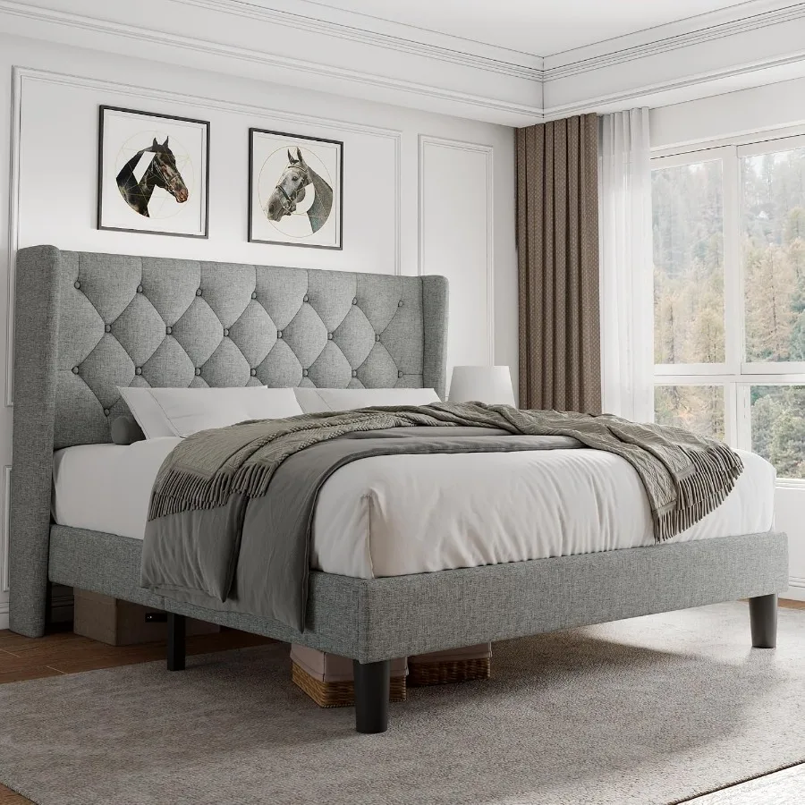 Size Platform Bed Frame with Button Tufted Headboard, Upholstered Bed Frame with Solid Wooden Slats, 8