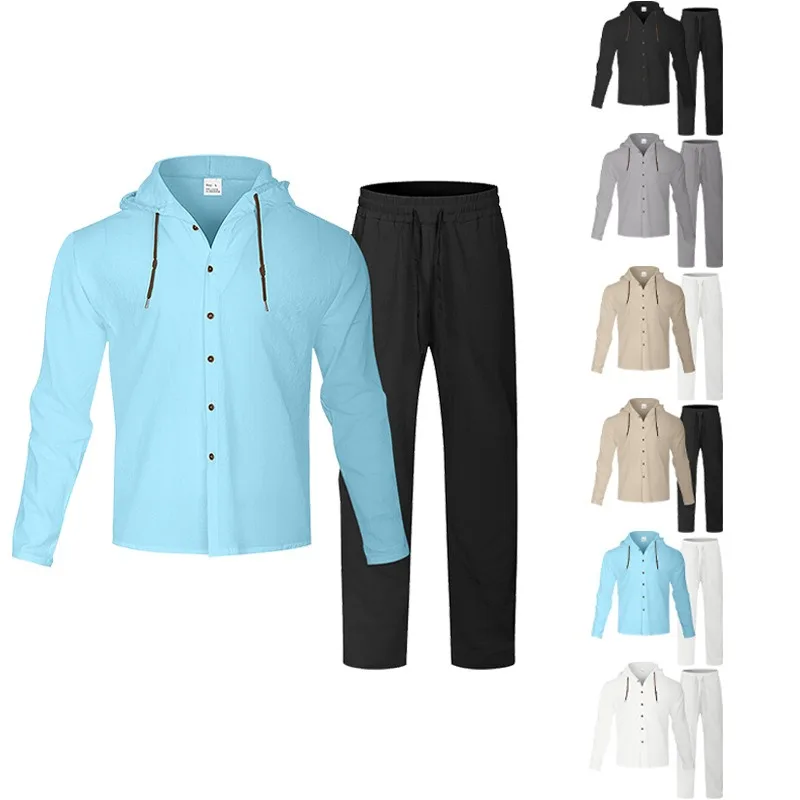 

Men's Solid Color Casual Long Sleeve Shirt Hooded Drawstring Cardigan Loose Pants Set