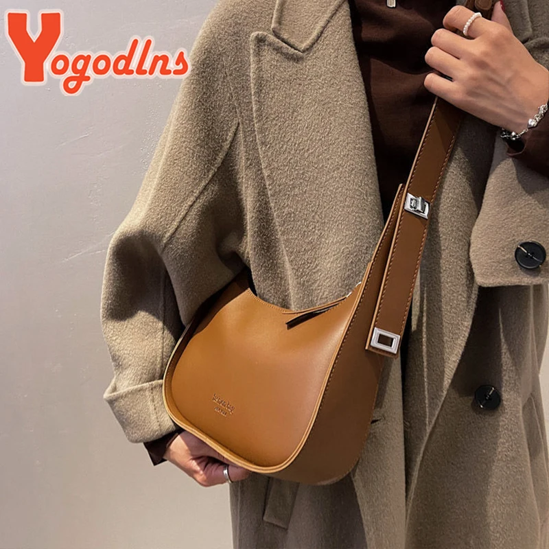 Yogodlns Vintage Half-moon Shoulder Bag For Women Soft Leather Underarm Bag New Crossbody Handbag Luxury Brands Armpit Bag