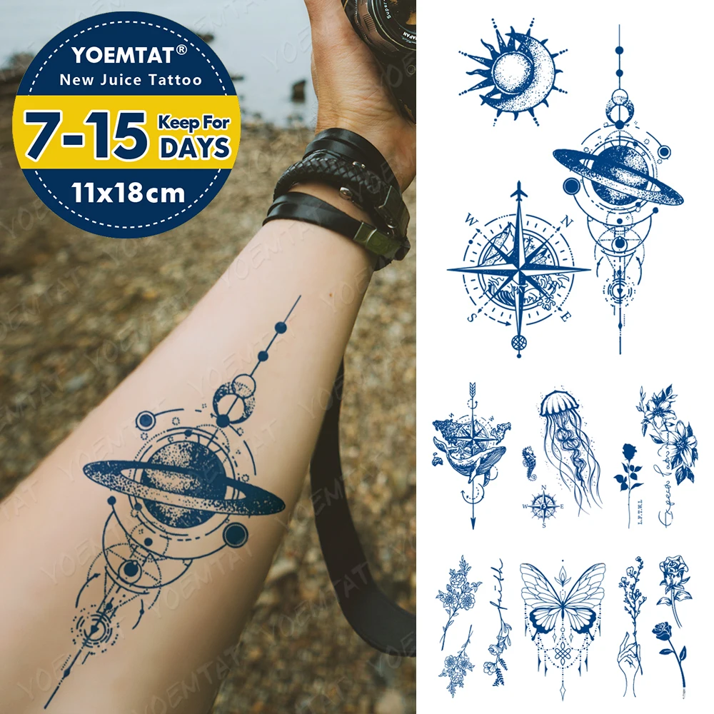 Semi-Permanent Waterproof Temporary Tattoo Sticker Compass Planet Moon Sun Herbal Tatto Juice Ink Lasting Fake Tattoos Women Men