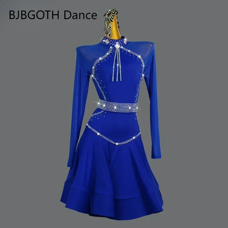 2026 Blue Latin Dance Competition Dresses Sexy Samba Show Clothes Girls Practice Wear Sports Costumes Ladies Short Evening Skirt
