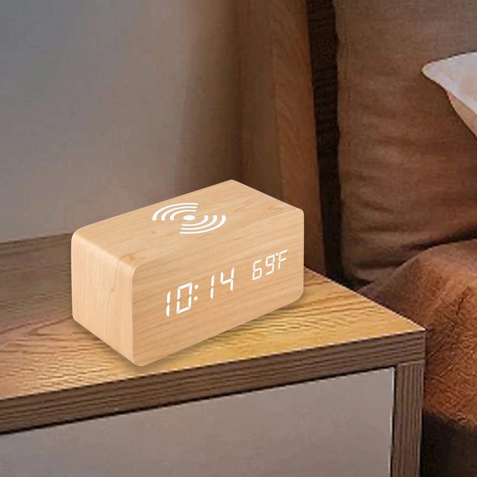 Wooden Digital Alarm Clock Wireless Charging Digital Timer Display Temperature Date Modern Portable Table Clock 12/24H LED Clock