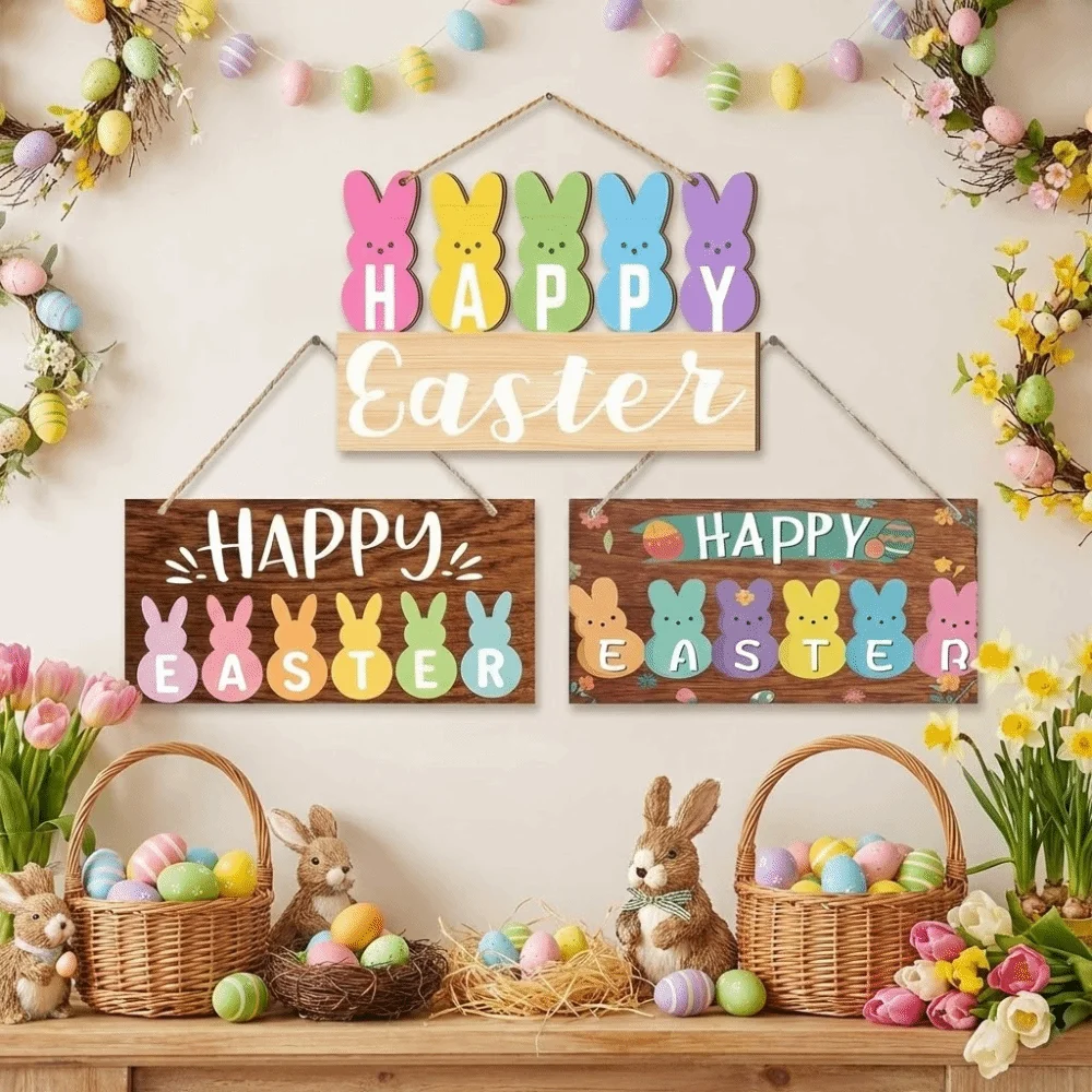Colorful Rabbit Happy Easter Sign Egg Design Cartoon Style Wooden Hanging Sign Flowers Pattern Wooden Material Wall Decoration