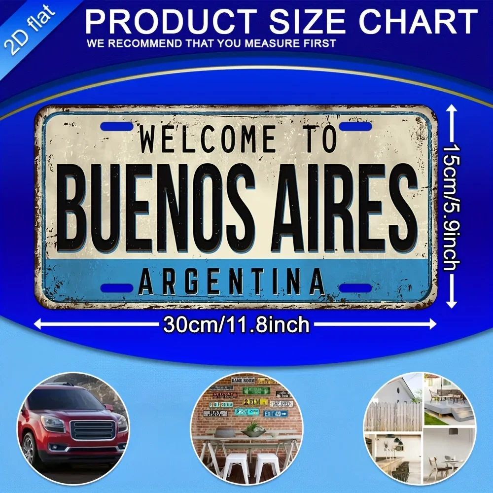 2D Flat, Vintage Buenos Aires Argentina Metal Sign Wall Art Aluminum Metal Sign - Argentine License Plate Number for Home