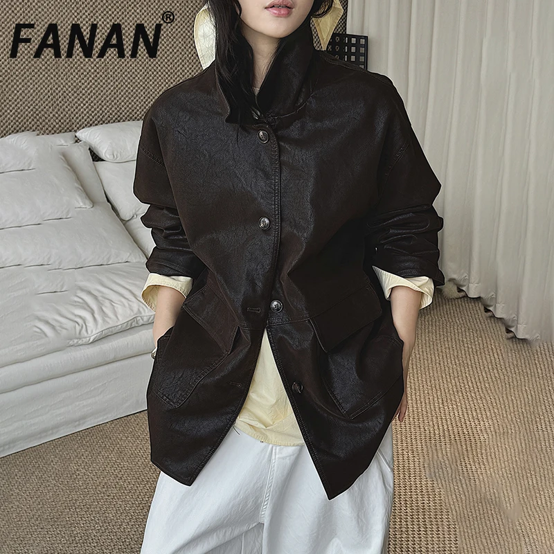 

FANAN винтажные кожаные пальто для женщин, однобортные офисные женские свободные куртки с лацканами, элегантная женская верхняя одежда, новинка весны 2023 г.