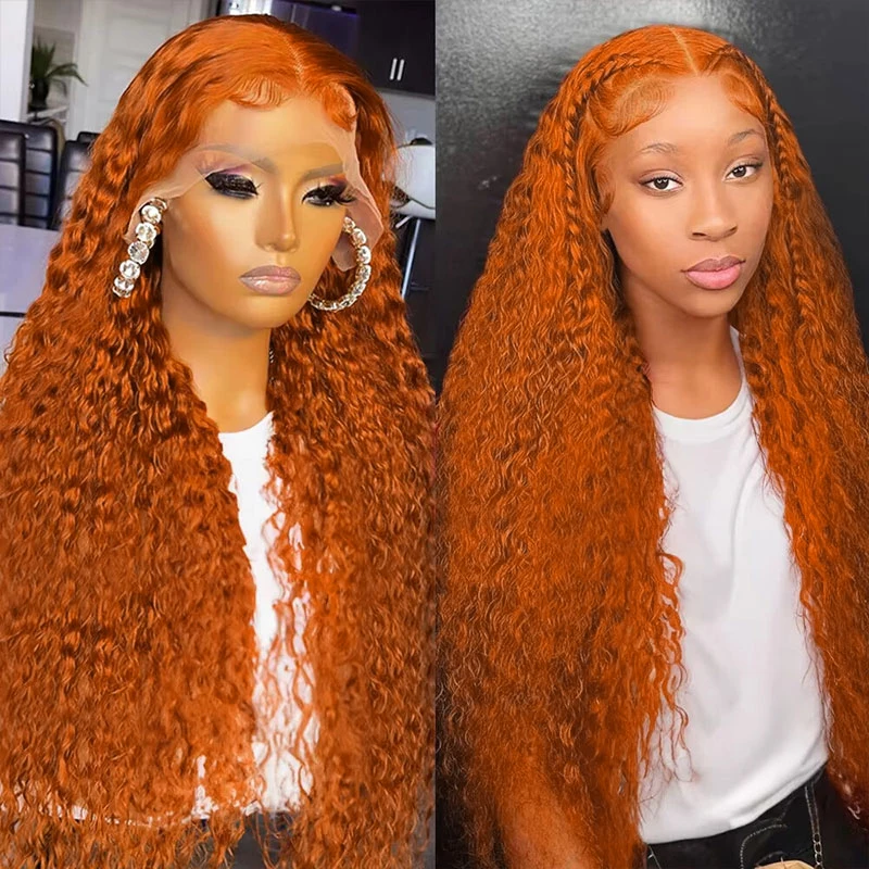 32 بوصة الزنجبيل البرتقالي الدانتيل الجبهة الباروكات موجة المياه الشعر البشري 13x6 الدانتيل الشفاف الباروكة الأمامية للنساء # 350 شعر مجعد ملون