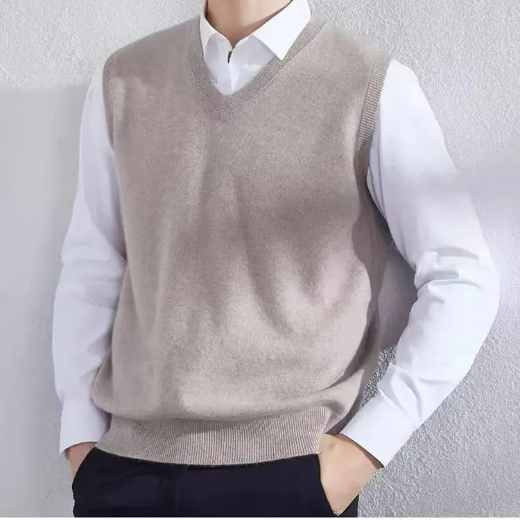 Chaleco de lana con cuello en V para hombre, chaleco versátil de punto, suéter sin mangas para otoño e invierno, camiseta sin mangas.