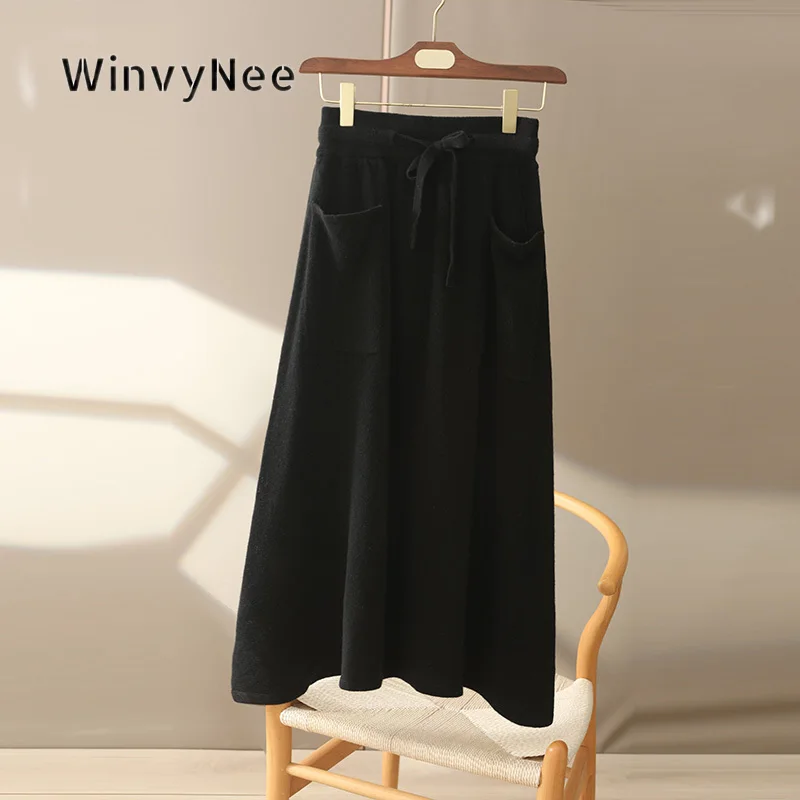 WinvyNee Womens Knit Midi Skirts Warm 100% Wool Drawstring Waist Big Pocket Draped Soft Autumn Winter Bottom Apparel E1853022