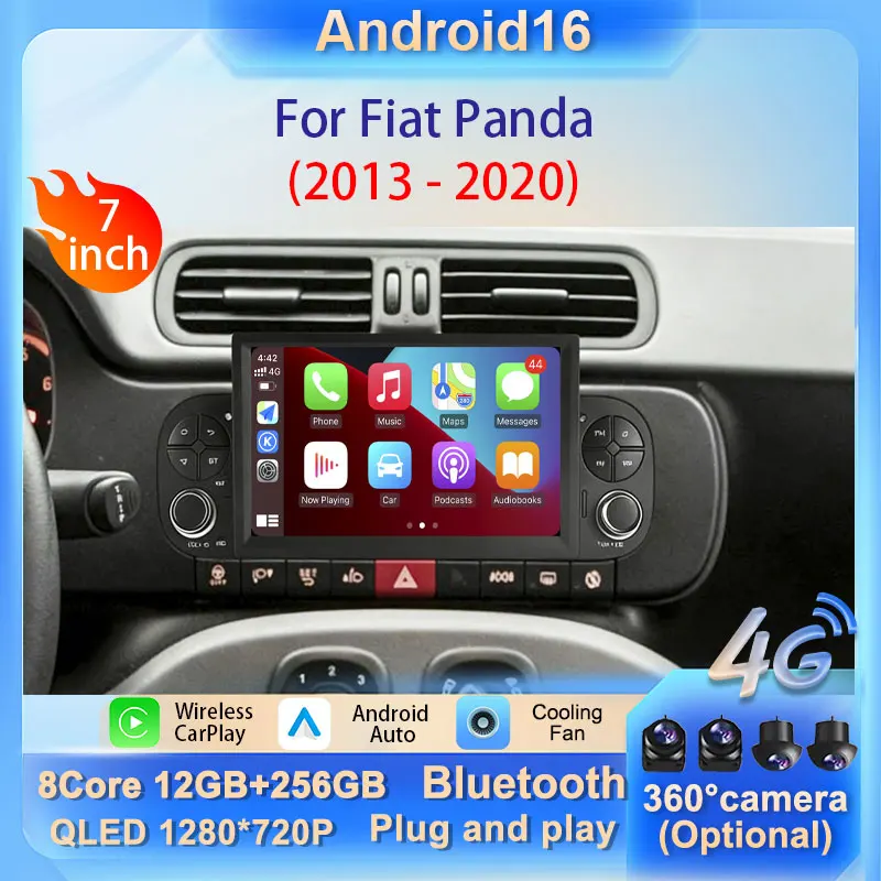 Car Radio for Fiat Panda 2013 - 2020 Audio Multimedia Player GPS Navi Stereo Split Screen 4G WiFi BT CarPlay Auto Android 16 2K