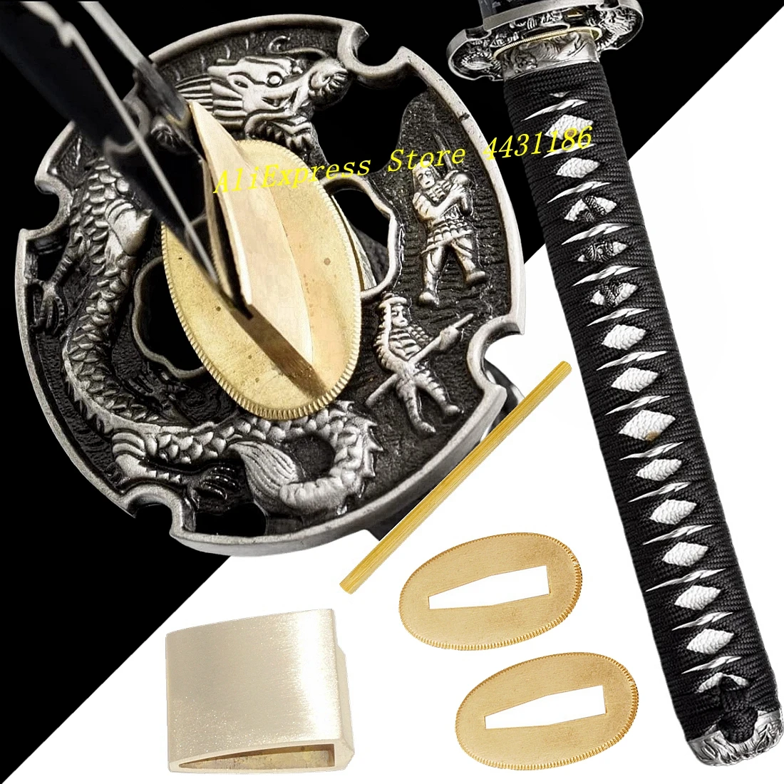 

Black Ito Tsuka Real Katana Japanese Samurai Sword Wakizashi Fittings Set Dragon Tsuba+Menuki+Fuchi+Kashira+Habaki+Seppa+Handle