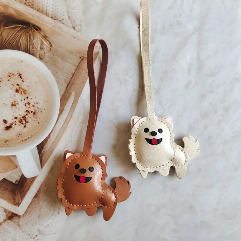 

Genuine Leather Pomeranian Bag Charm Keychain Pendant Hunting Dog Hanging Ornament Personalized Woven Keyring Accessories