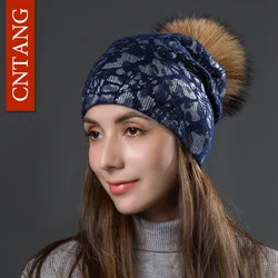 CNTANG Women Winter Warm Hats Fashion Bronzing Leopard Hats With Natural Pompom Fur Caps Female Knitted Wool Hat Raccoon Beanies