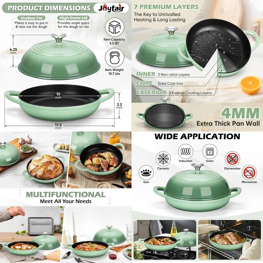 

Enameled Cast Iron Dutch Oven for Sourdough Baking, 5.5 Quart, Non-Stick, Oven Safe to 500°F, Pistachio Green, Dual Handle Bread