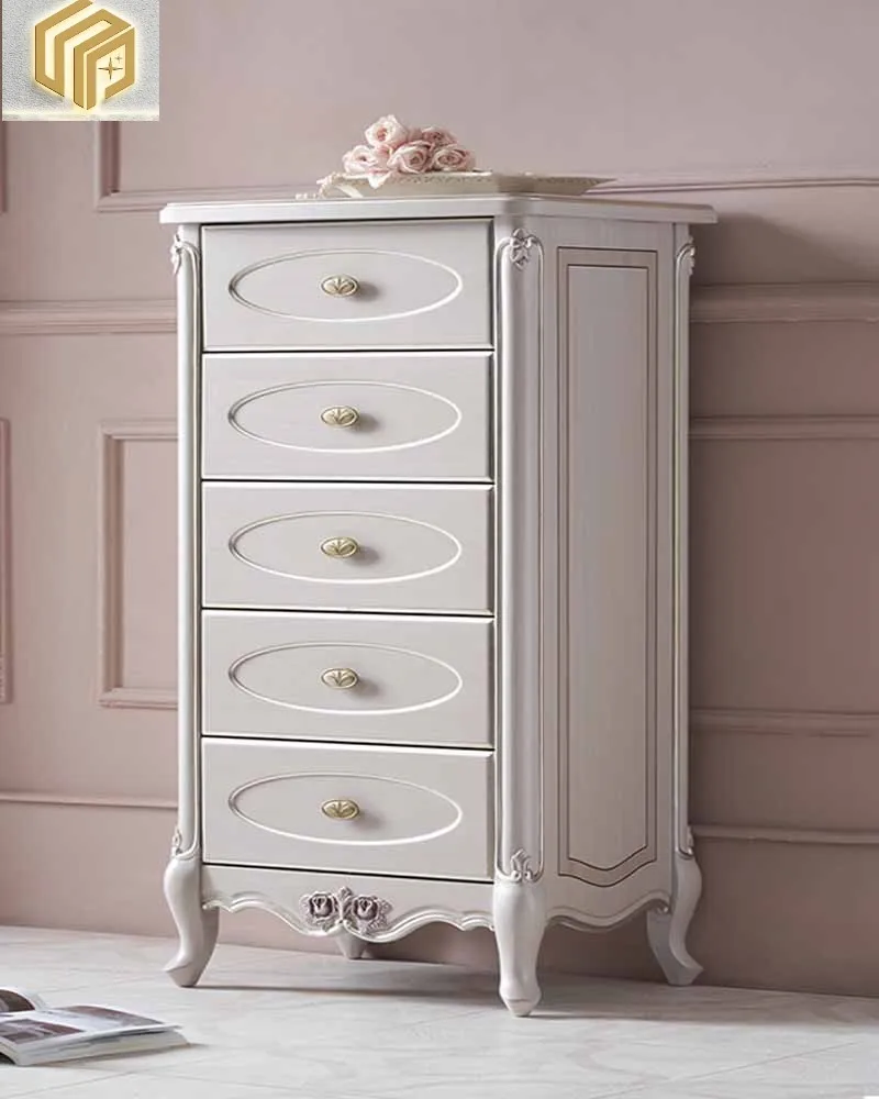 

French Palace Style Seven Bucket Cabinet Solid Wood European Furniture Pearl White Storage Cabinet