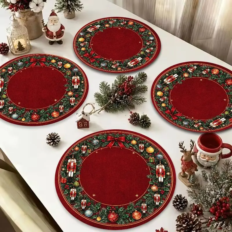 VIKAMA Red Nutcracker Border Round Placemat, 3 Designs, Table Mat for Kitchen Dining Party