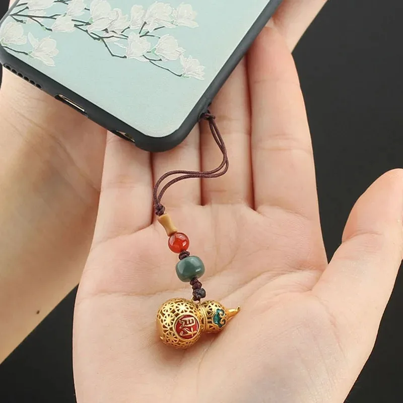 Chinese Style Vintage Ruyi Gourd Lock Brass Placer Gold Cloisonne Hollowed Out Personalized Mobile Phone Pendant