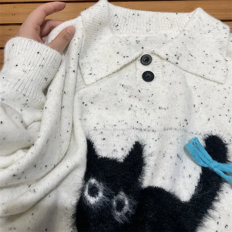 

Women's Casual POLO Collar Sweater Cute Plush Cat Embroidery Oversize Knitted Sweater Buttons Pullover Autumn Lady Street Outfit