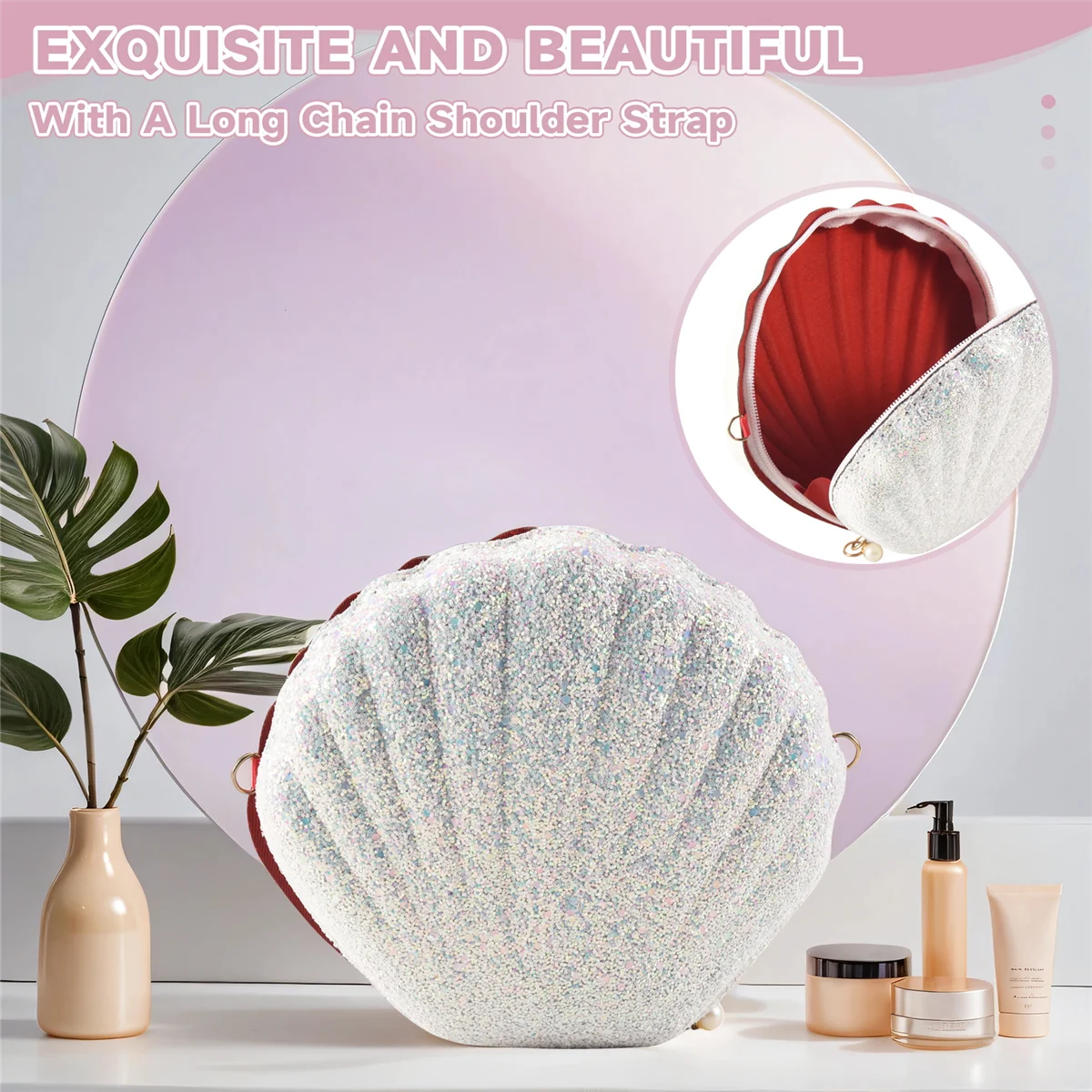 ABQR femmes filles petite sirène coquillage sac à main-sacs à bandoulière paillettes paillettes chaîne sac à main de soirée, blanc