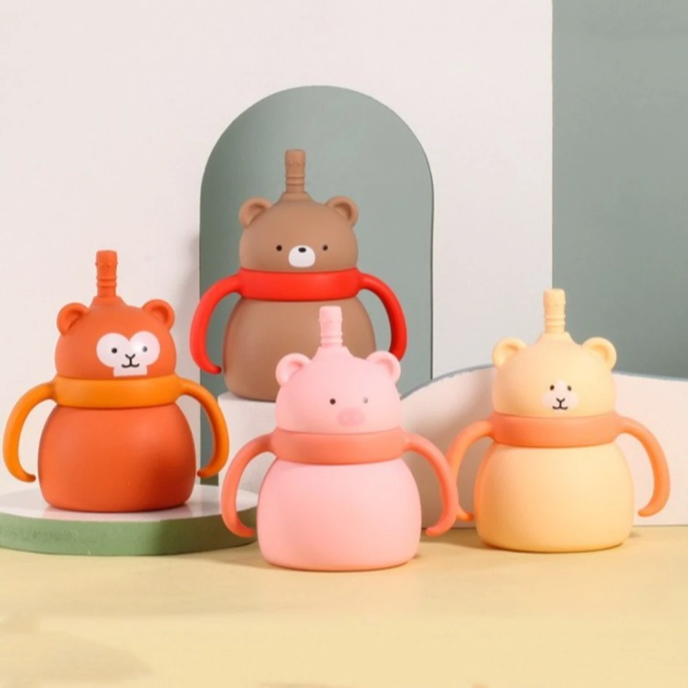 

100ML Sippy Baby Cup Double Handles Cartoon Animals Toddler Sippy Cups Durable with Handles Drinking Cups with Straws