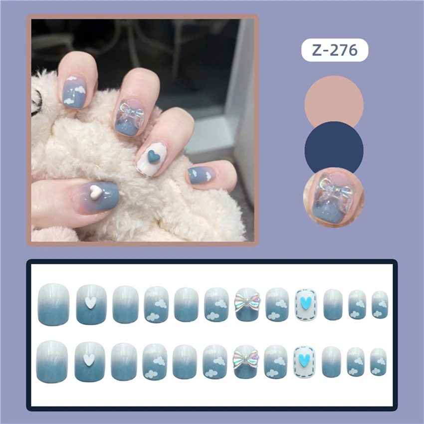 

24Pcs/Set Short Cute Clouds Fake Nails Round Head Design Full Cover Press on Nails Tips Love Aurora Bow Wearing False Nails Art