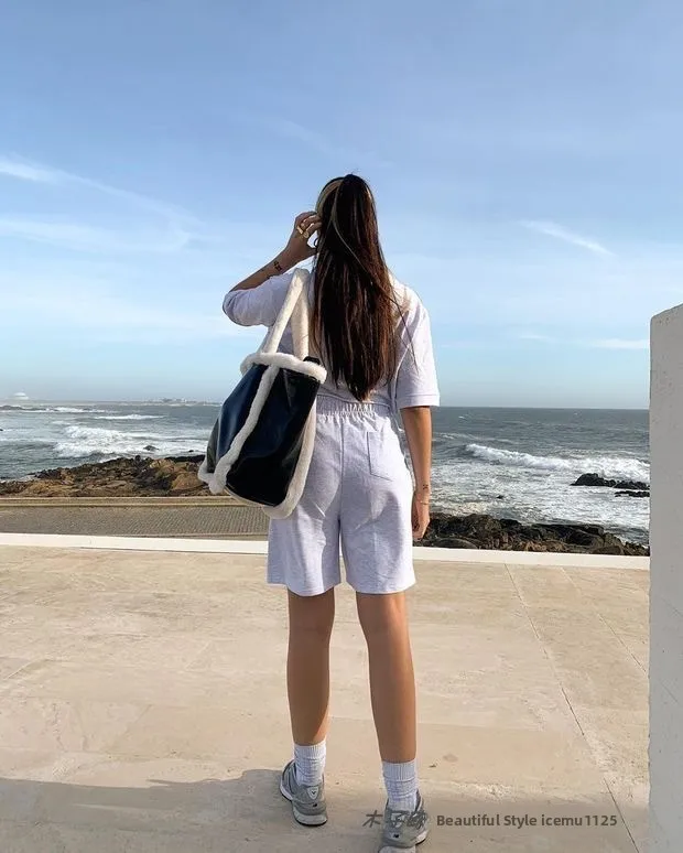 Comfortable Pure Color  Ne ort Sve Outfit with Cuffed orts Breathable Cotton Summer Faion Set for Women