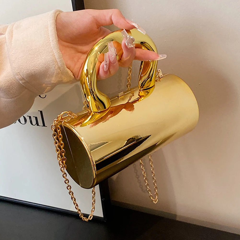 Fashion Cylinder Bag for Women Party Clutches Metal Handle Mini Evening Purses Y2K Crossbody Shoulder Bag Luxury Design Handbags