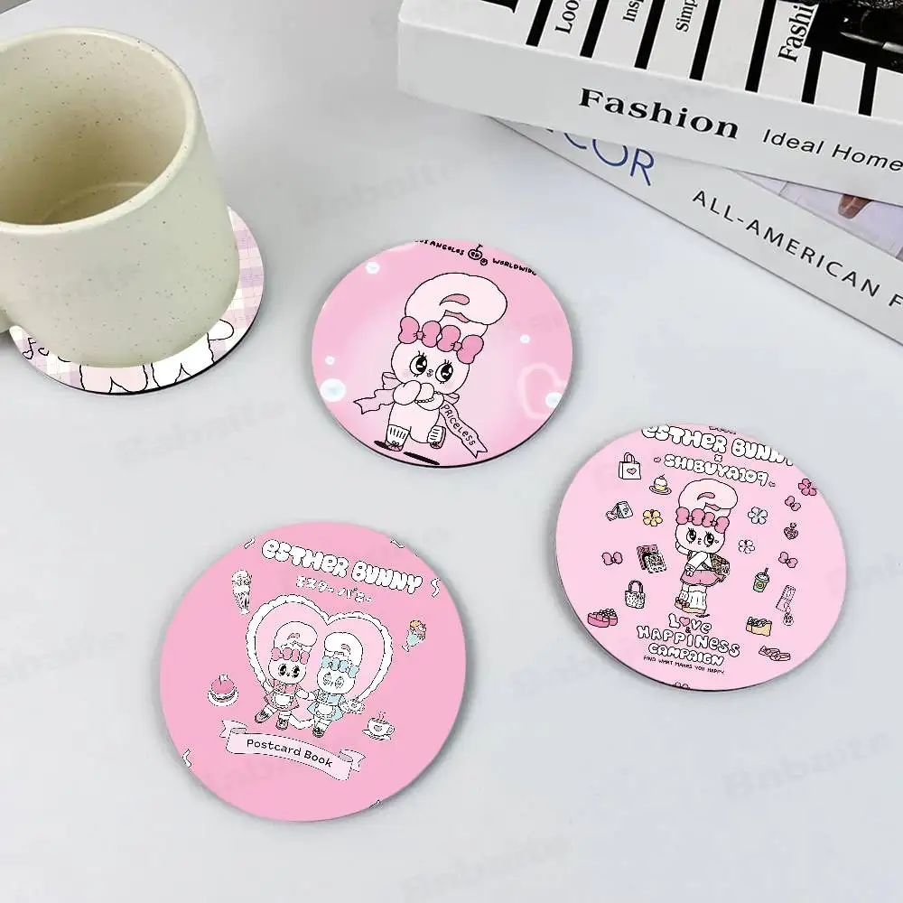 E-Esther Bunny Cartoon Wooden Coaster Colour Printing Cup Mat Home Desk Decoration Gifts
