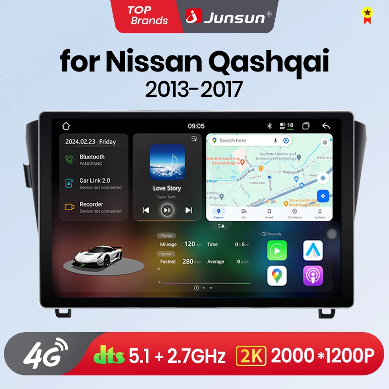Junsun-V3 Plus 2K Wireless CarPlay Android Auto Car Intelligent System, Nissan Qashqai J11, X-Trail 3, T32, 2013-2017 Autoradio