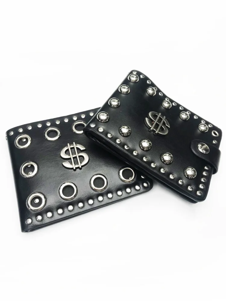 Foldable Buttons Purse Biker Wallet PU Leather Cool Punk Rivet Dollar Purse Wallets With Chain For Men Punk Motorcycle Wallet